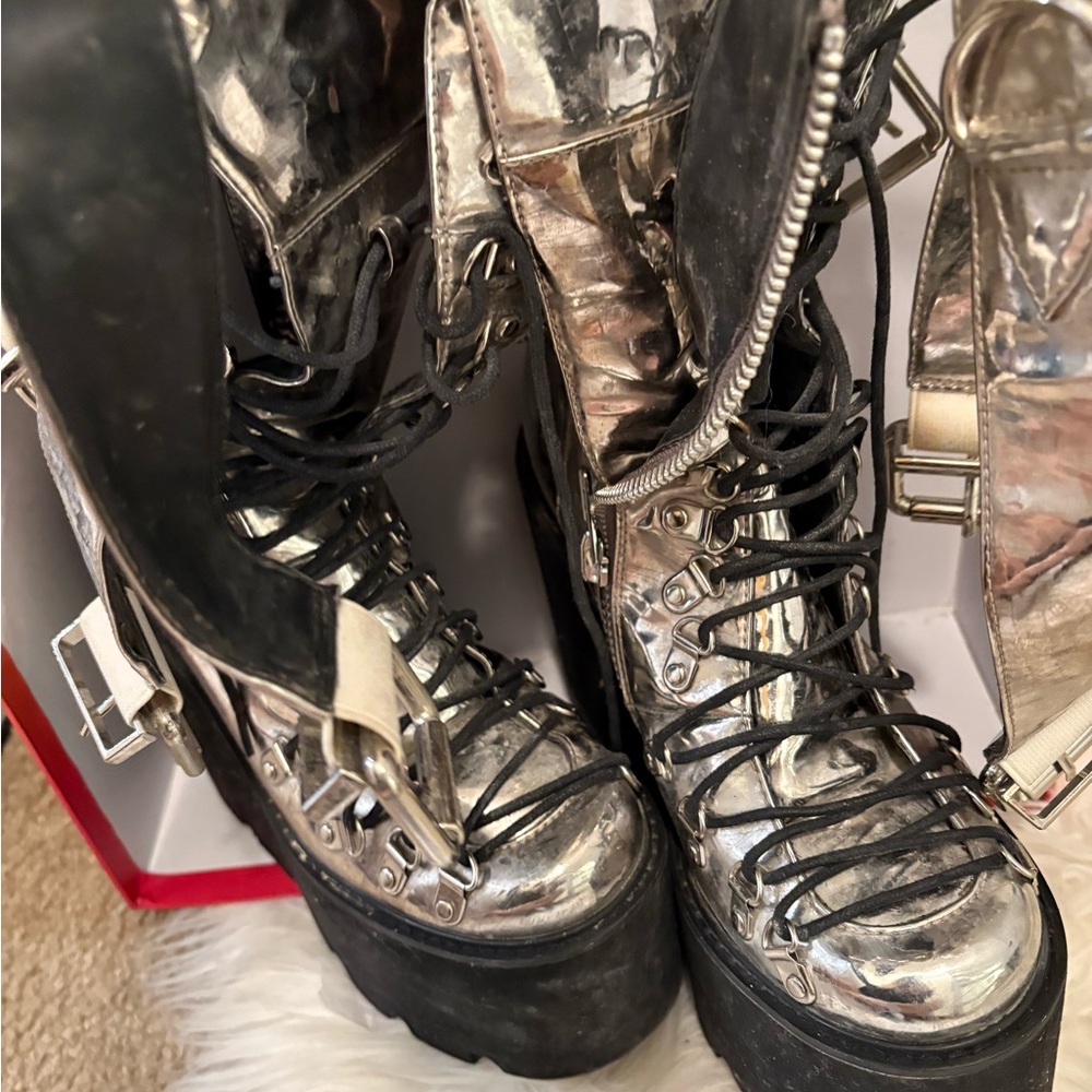 Current Mood Shiny Silver Combat Boots